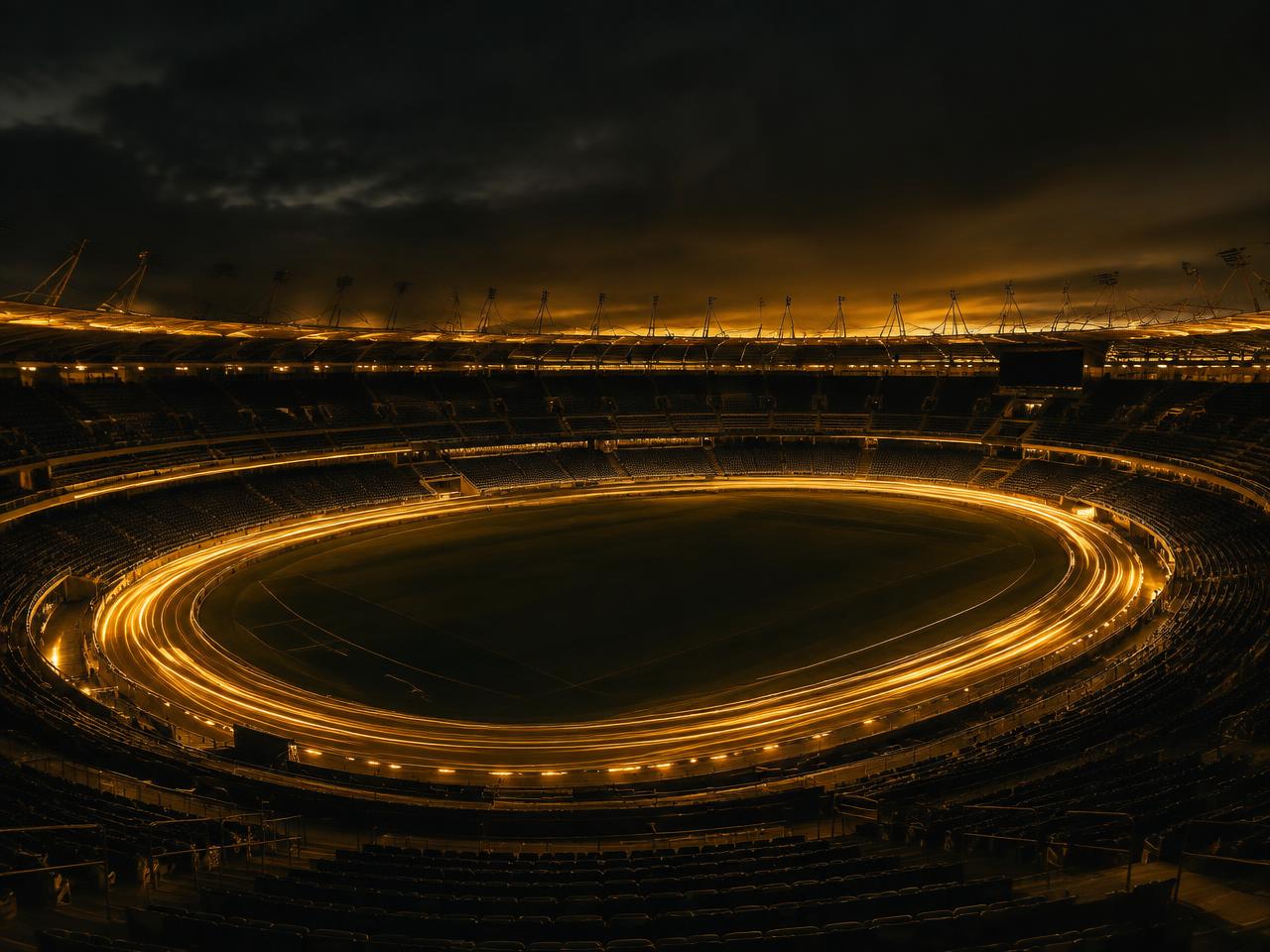 Golden light trails circling an empty stadium after dark