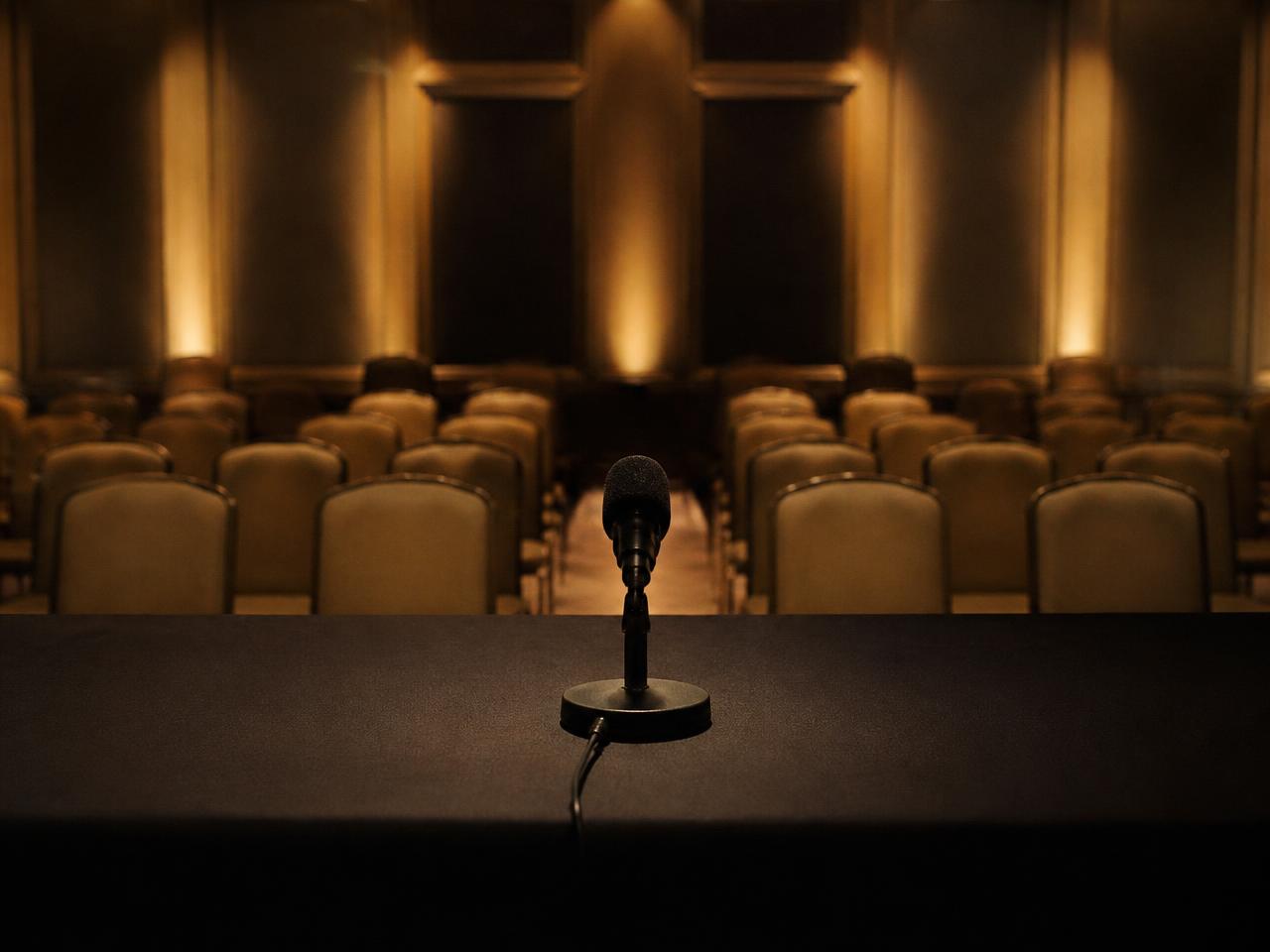 Single microphone on a dark table before rows of empty seats in a briefing room