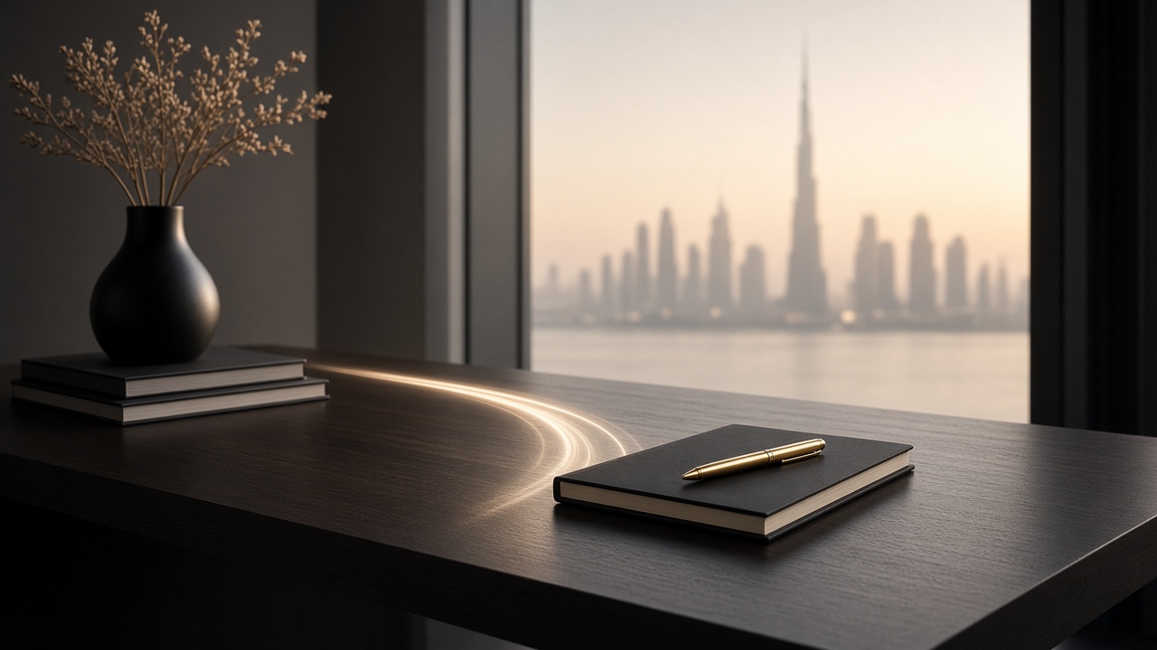 Writing desk with notebook and gold pen overlooking the Dubai skyline at dawn