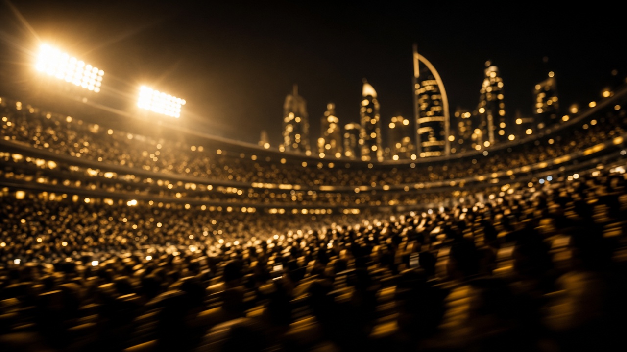 Packed night crowd under floodlights with the Dubai skyline beyond