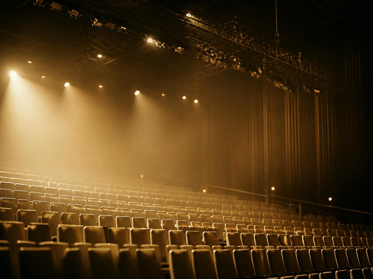 Empty seats in a night venue under warm floodlights before doors open