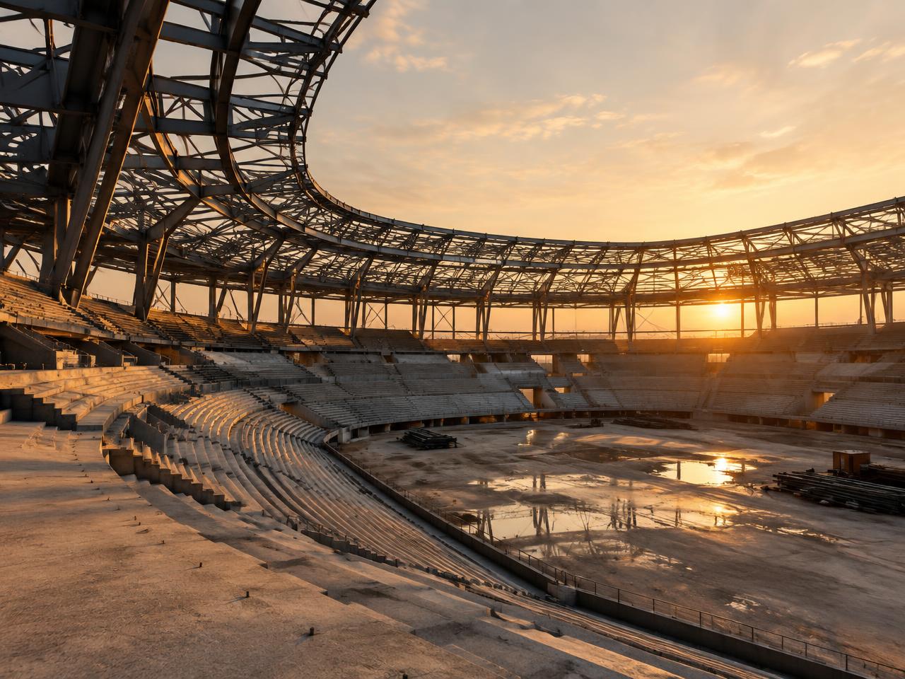 Unfinished arena at dawn with rising light through the steel roof