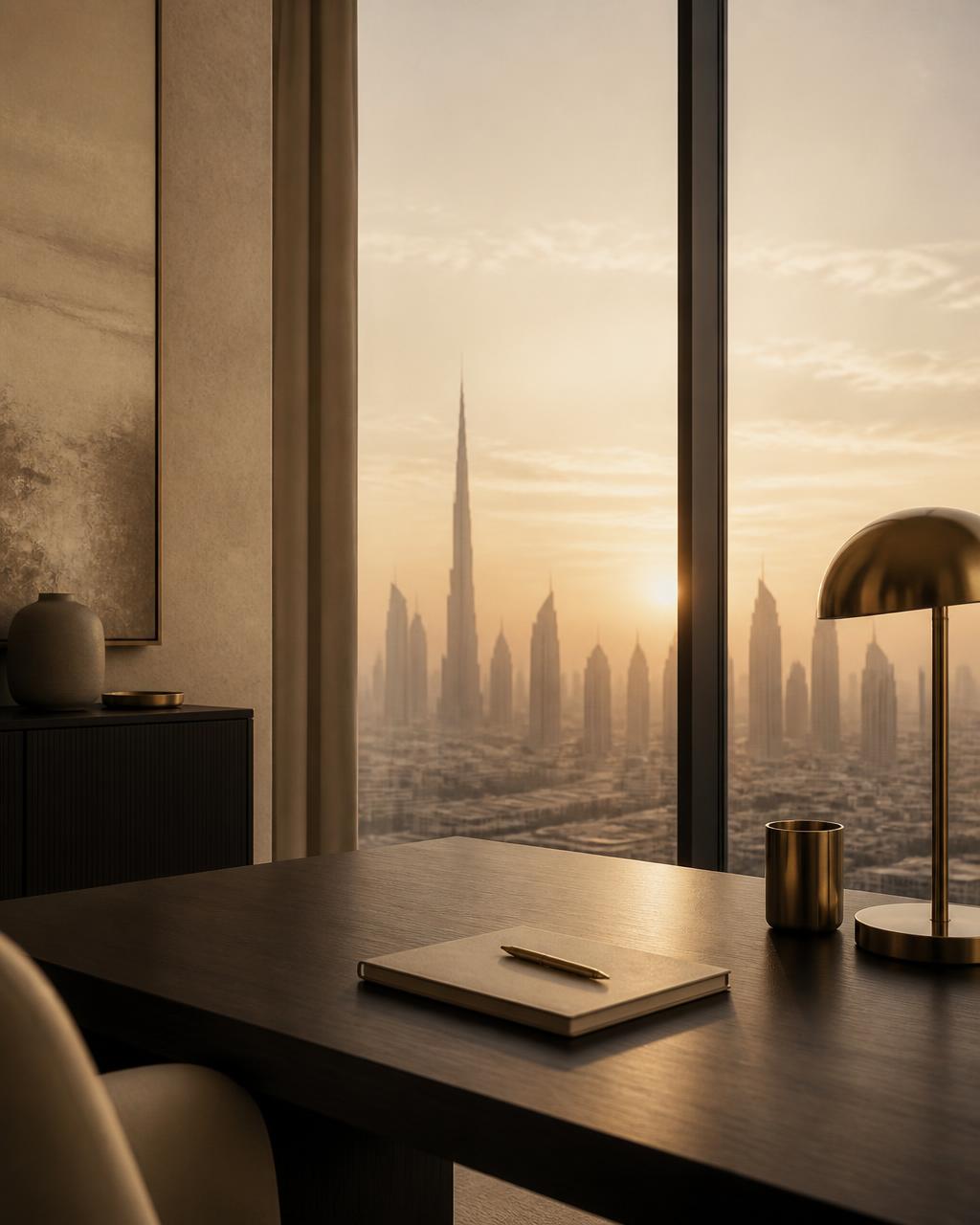 Quiet Dubai studio desk at dawn with the skyline beyond