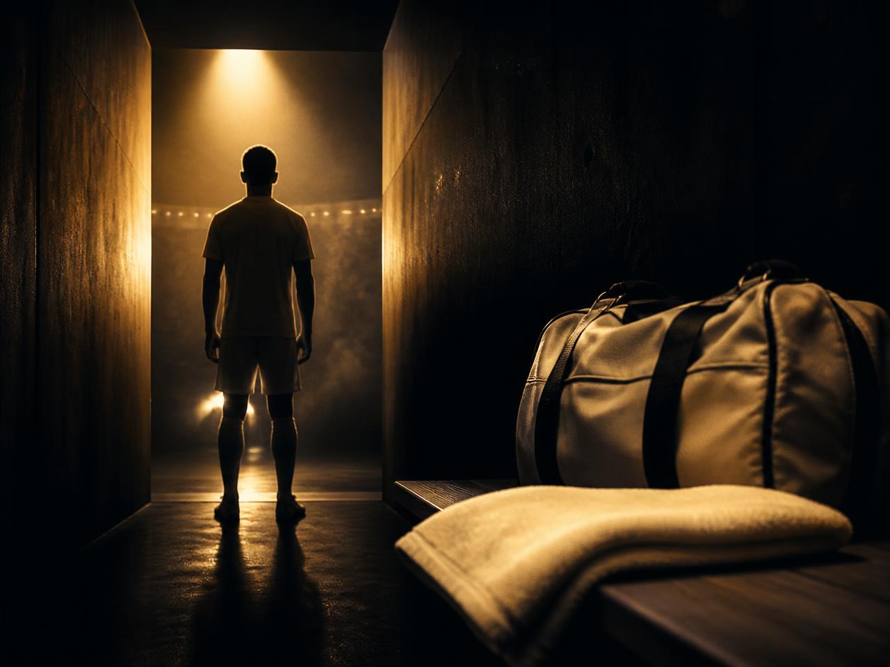 Silhouette of an athlete at the mouth of a dark tunnel under a warm spotlight