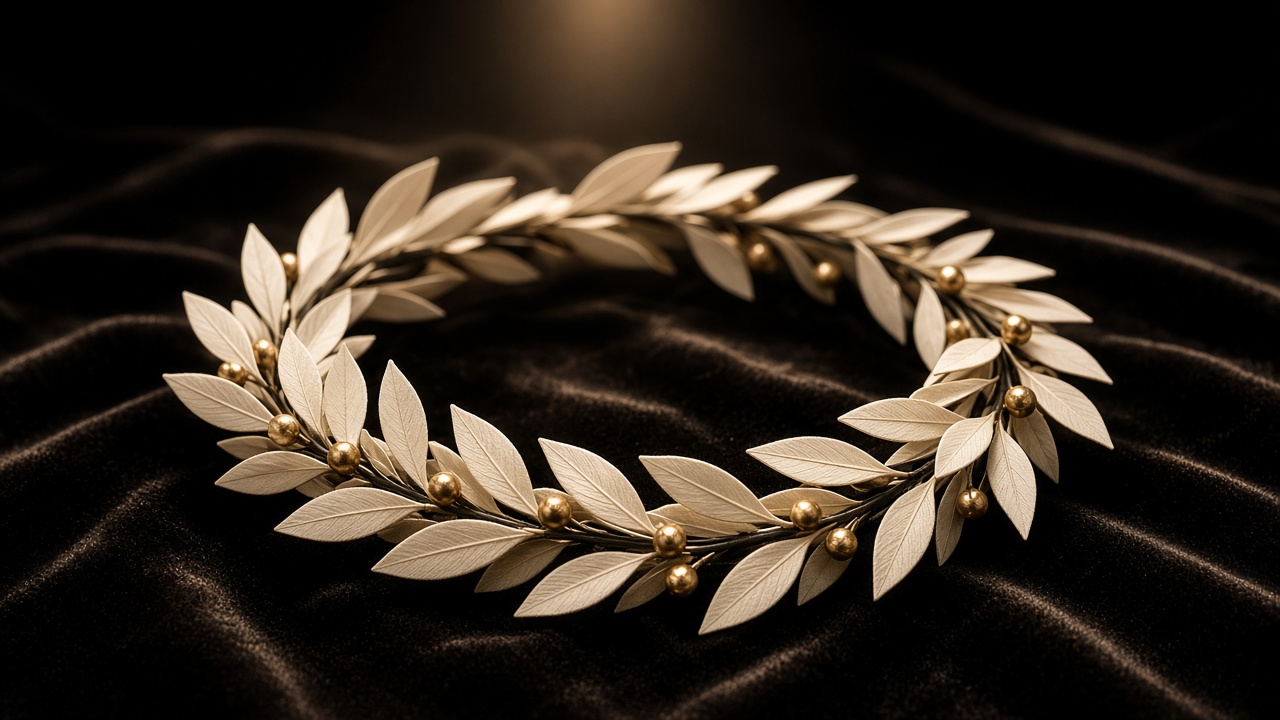 Gold-tipped laurel wreath resting under a single spotlight