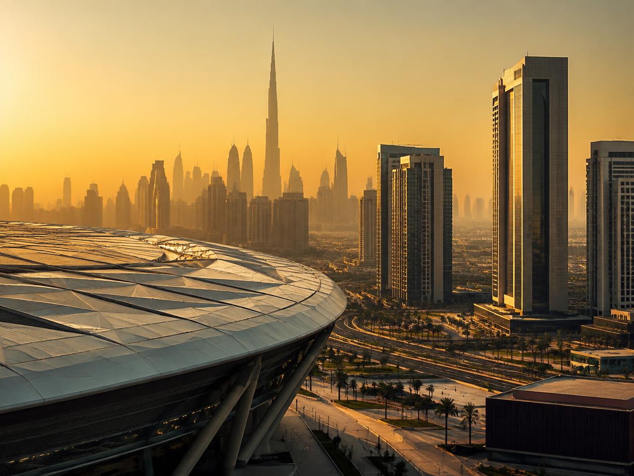 Dubai skyline at golden hour beside a modern stadium roof