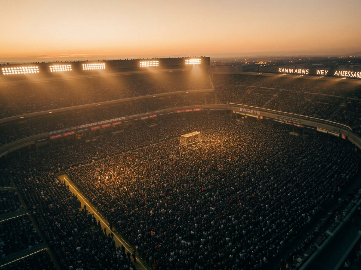 Packed stadium under floodlights at dusk