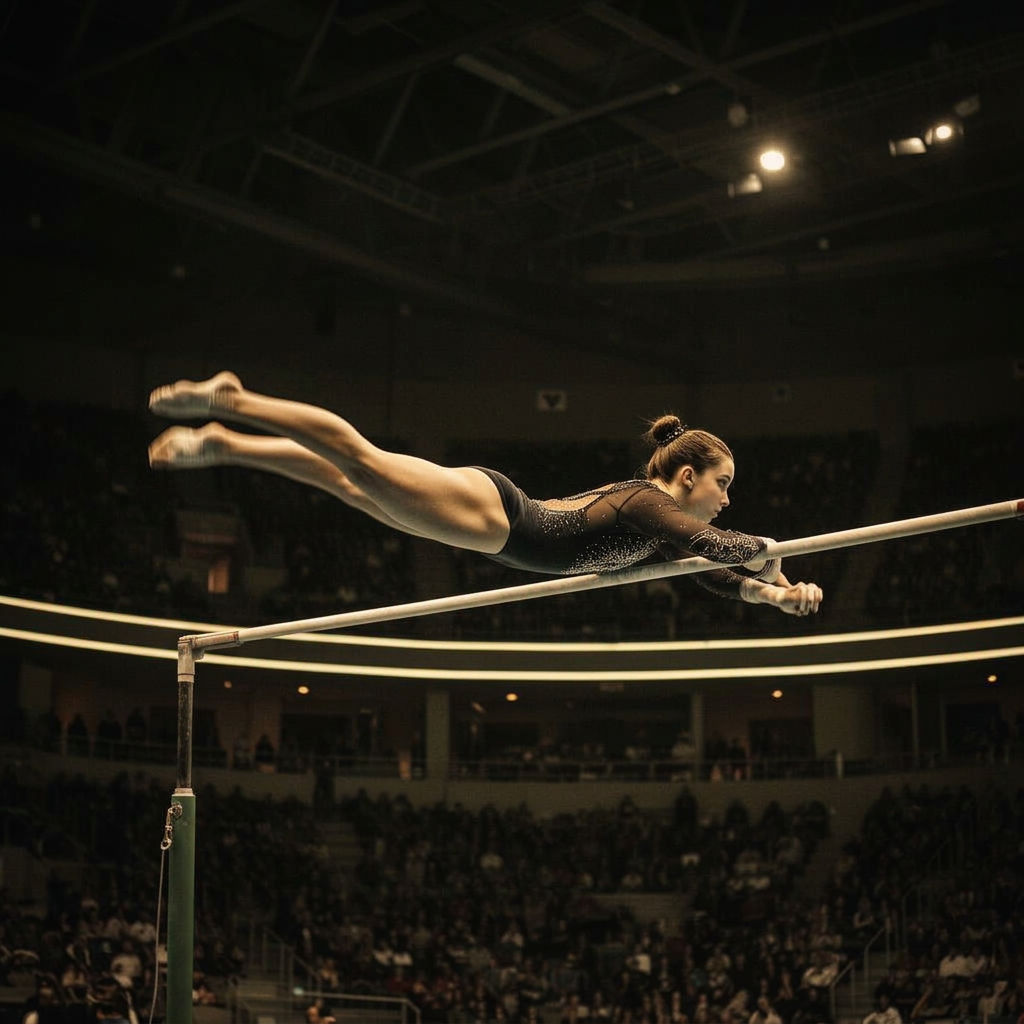 Gymnast mid-flight above the bar in a packed arena